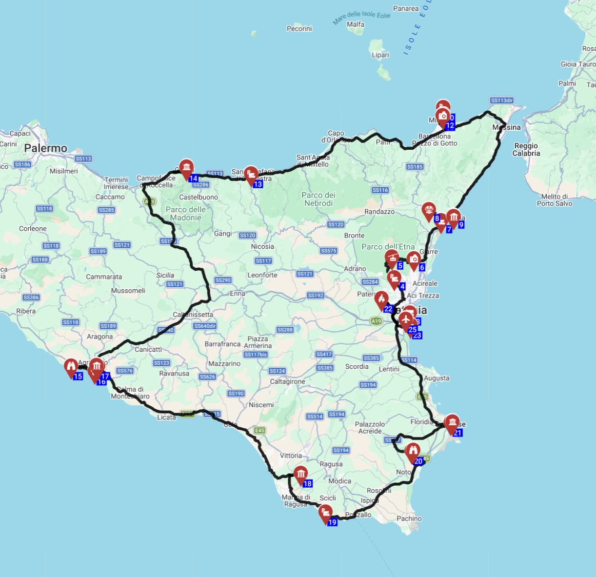 Map for טיול משפחתי באיטליה 8 ימים תכנון מסלול מקטניה לאגריגנטו והשכרת קרוואן